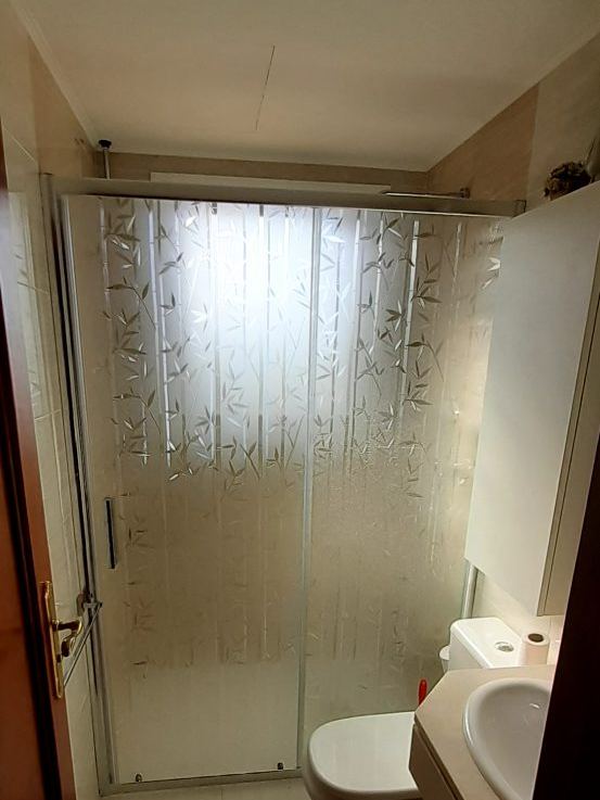 Baño después de la reforma, con mampara decorada